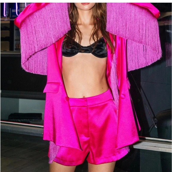 Nasty Gal Premium bonded satin fringe hot pink shorts